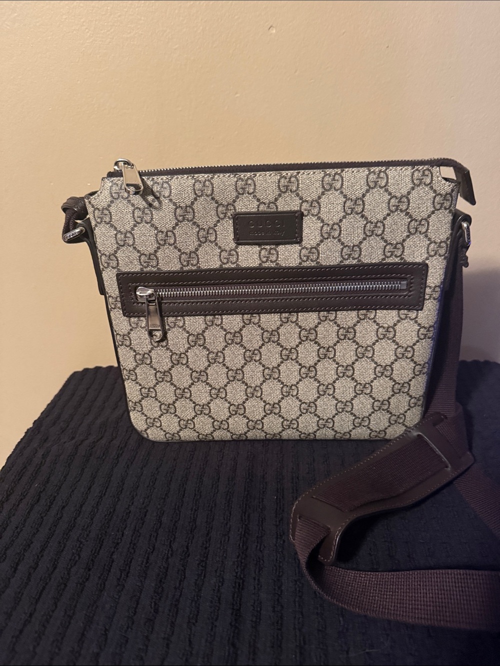 Gucci Beige GG Supreme Messenger Bag with Brown Trim